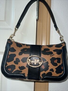 Coach Brown and Black Leopard Print Leather Shoulder Bag with Gold Accent